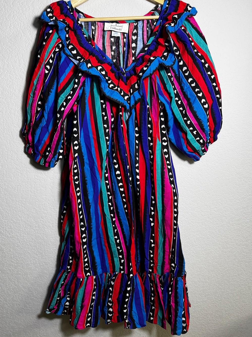 Vintage 80s David Brown Dillard’s Dress Women L Rainbow Stripe Ruffle Puff Sleev
